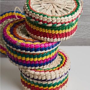 Hand-woven palm leaf basket. Made in Mexico.